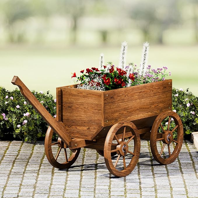 IDZO Wood Wagon Planter for Outdoor Balcony Decor - Garden Rustic Wooden Flower Cart with Wheels for Outside - Garden Decor - Amish Decorative Indoor - Wheelbarrow Planter for Patio