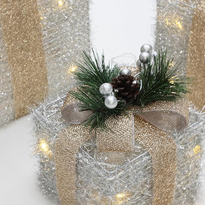LuxenHome Set of 3 Lighted Gift Boxes, Battery Operated Silver Tinsel with Gold Ribbon Bow Boxes for Xmas, Lawn, Porch, Under Tree Indoor, Outdoor Christmas Decorations