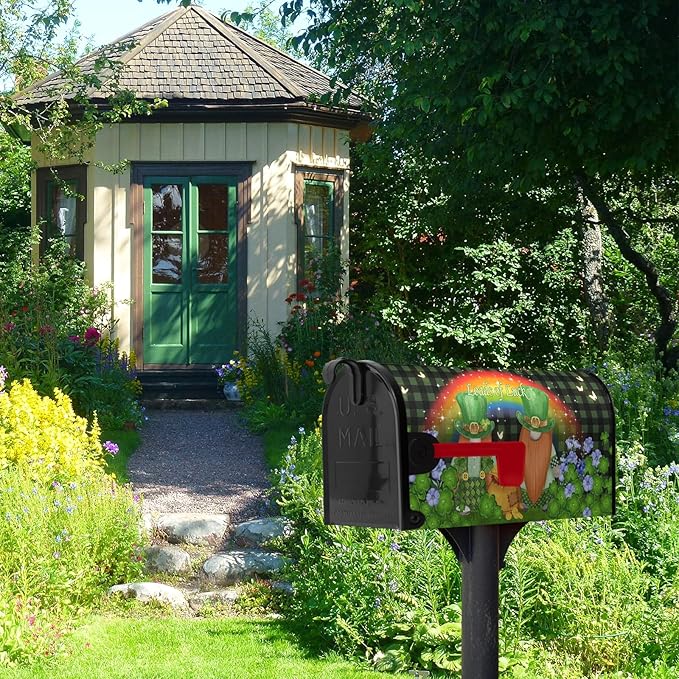 St. Patrick's Day Mailbox Cover Green Checkered Leprechauns Magnetic Mailbox Covers Gnomes Hat Shamrock Coin Clover Mailbox Wrap Rainbow Butterfly Loads of Luck Letter Post Box Cover