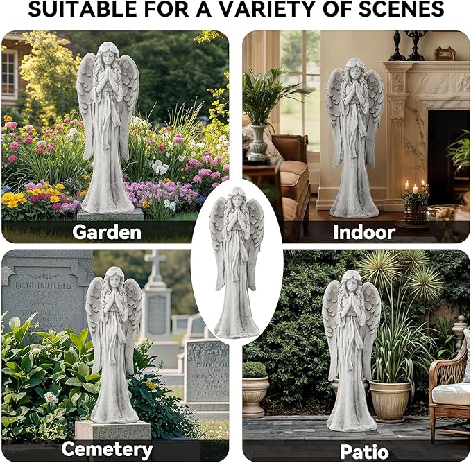 Praying Angel Statue for Outdoor Garden, 31 Inch Large Heavenly Memorial Sculpture,Durable MGO Stone Standing Angels for Yard, Patio or Cemetery Decor,Offering Comfort & Peace, Antique White