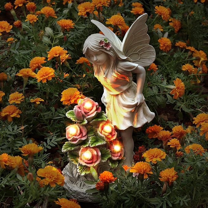 Garden Figurines Angel Garden Statue Outdoor Decor, Solar Powered Resin Sculpture with 5 LEDs Art Decoration for Patio Lawn Yard Porch, Ornament Housewarming Gift, 11“ H
