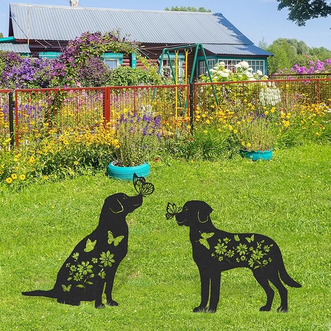 Dog Metal Garden Stakes - Animals Stake Garden Decor 2 Pcs Black Dogs Silhouette Statues Butterfly Gifts for Yard Art Decorations Dog Lovers Gift Patio Lawn Garden Decorations Outdoor Decor