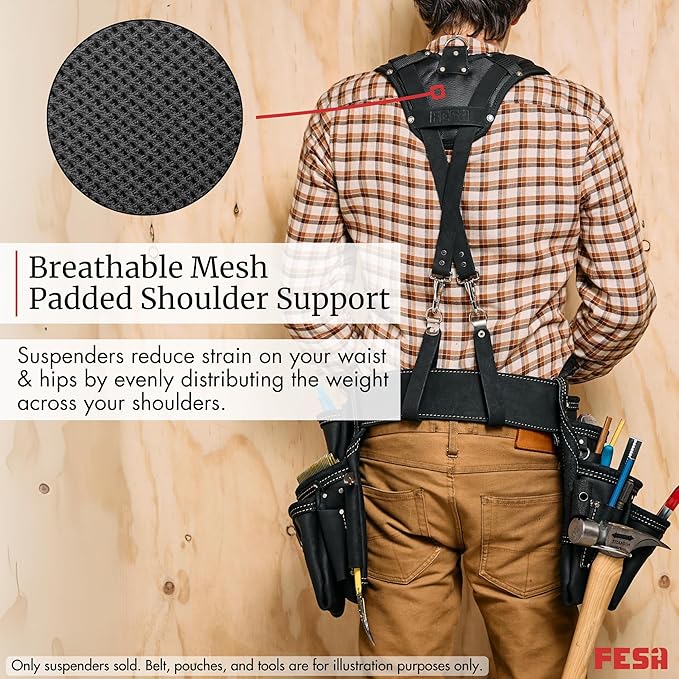 FESA Leather Tool Belt Suspenders for Men with Breathable Mesh Padding, Front Pockets & 4 Loops for Attachment to Work Belts
