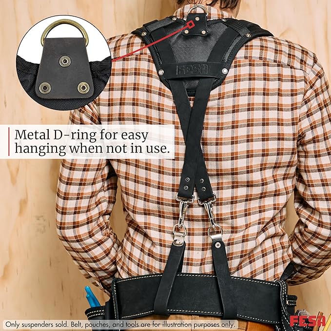 FESA Leather Tool Belt Suspenders for Men with Breathable Mesh Padding, Front Pockets & 4 Loops for Attachment to Work Belts