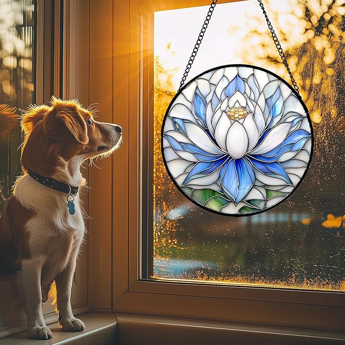 Stained Glass Window Hanging - Blue and White Lotus Petal Suncatcher for Doors Window Home Sun Catchers Decor Christmas Mother's Day July Birthday Gifts for Teacher Women Men Mom Nana 7.8 in