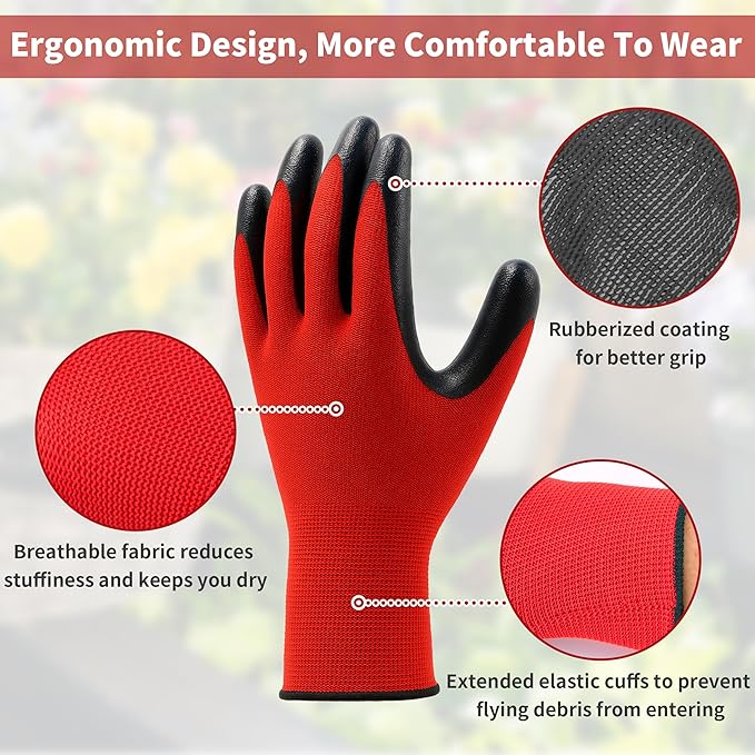 DF DUALFERV Gardening Gloves for Men, 24 Pairs Black & Red Breathable Rubber Coated Large Outdoor Yard Gloves with Extended Elastic Cuffs and Stretchy Fabric for Gardening, Construction, Machinery