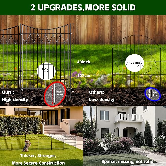 12 Panels No Dig Fence with gate, 40in(H)×27ft(L) Tall Decorative Fence Outdoor | Rustproof Metal Garden Fence Borders | Heavy Duty Reusable Defense Fence Panels for Yard, Patio, Black