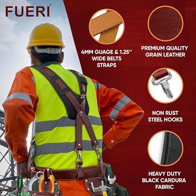 FUERI Tool Belt Suspenders for Men Heavy Duty Bags Construction Carpenter Tools Electricians Framers