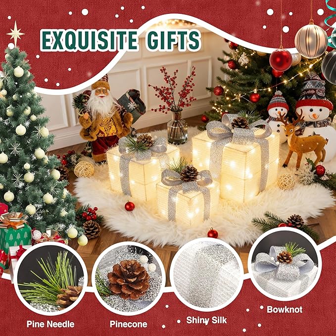 Set of 3 Christmas Lighted Gift Boxes,Outdoor Indoor Christmas Decorations,Plug-in 65 LED Light Up Present Boxes for Christmas Trees Indoor Outdoor Home Yard Lawn Holiday Birthday Party Decor