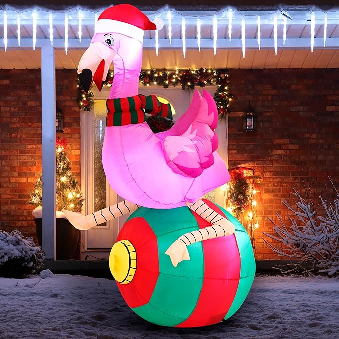 Joiedomi 6 ft Christmas Inflatable Flamingo on Ornament Decorations, Blow Up Inflatables with Build-in LEDs for Christmas Party Indoor, Outdoor, Yard, Garden, Lawn Décor, Holiday Season