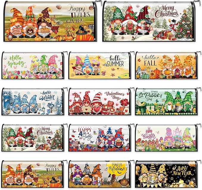 12 Pcs Seasonal Gnome Mailbox Covers Magnetic Standard Size 18 x 21 Inch Halloween Thanksgiving Winter Christmas Magnetic Mailbox Covers for Garden Yard Outdoor Decor