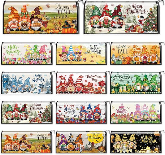 12 Pcs Seasonal Gnome Mailbox Covers Magnetic Standard Size 18 x 21 Inch Halloween Thanksgiving Winter Christmas Magnetic Mailbox Covers for Garden Yard Outdoor Decor
