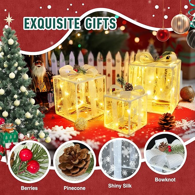 Set of 3 Christmas Lighted Gift Boxes,Outdoor Christmas Decorations,Featuring Snowflake Decorations,Battery Operated Light Up Present Boxes for Christmas Trees Indoor Outdoor Home Yard Lawn Decor