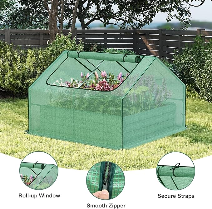 Aoodor 4 x 4 x 1 ft Galvanized Raised Garden Bed, Mini Greenhouse Kit with 2 Roll-up Zipper Doors for Vegetables, Flowers, and Herbs,Green