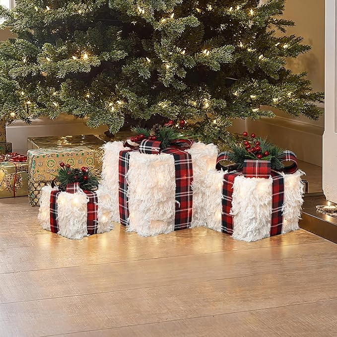 LuxenHome Set of 3 Lighted Gift Boxes, Battery Operated White Feathery Fabric with Red Ribbon Bow Boxes for Xmas, Lawn, Porch, Under Tree Indoor, Outdoor Christmas Decorations