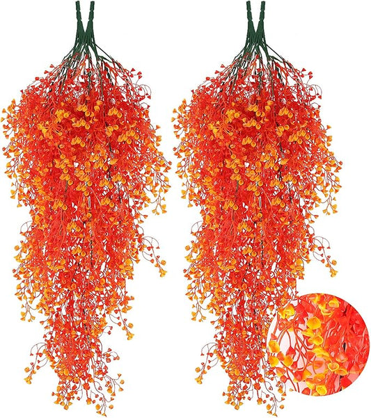 RECUTMS 4 Pcs Artificial Hanging Plants Fall Decor Faux Hanging Plants Artificial Plants UV Resistant Fake for Indoor Outdoors Fake Plants for Patio Garden Party Wedding Decor(Orange)