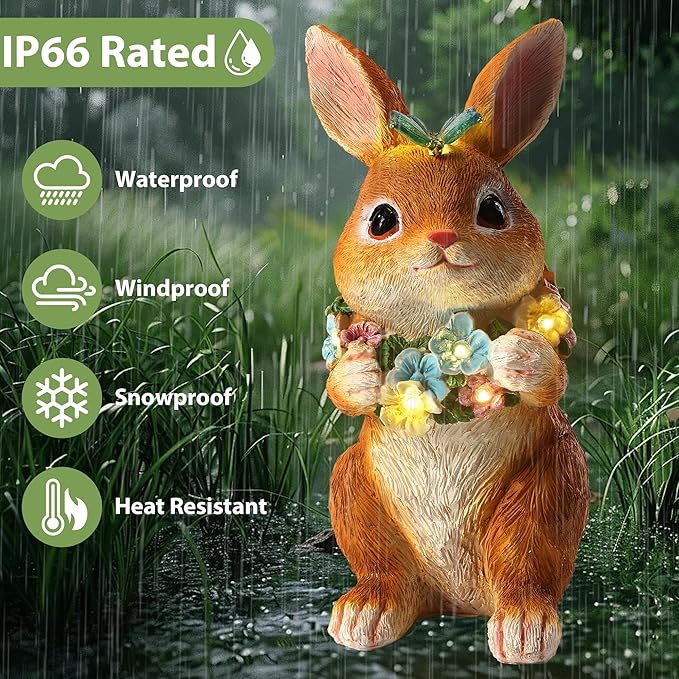 Solar Garden Statues Outdoor Decor, Rabbit Statue with Butterfly & Flowers, Yard Decoration with 6 LED Lights for Patio, Balcony, Backyard, and Lawn, Unique for Mom, Grandma
