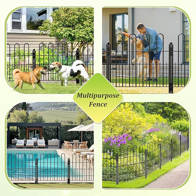 Bepatio Decorative Garden Fence Animal Barrier with Gate, 24in (H) x 20ft (L) 10 Panels Decorative Dog Fence Outdoor for Yard, Heavy Duty Rustproof Metal Fence Border, Flower Bed, Easy Setup, Black