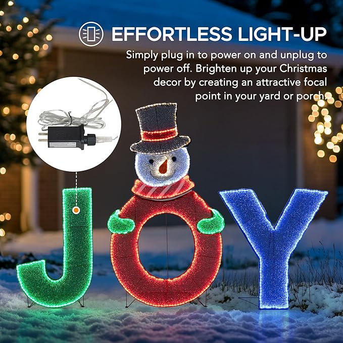 SUNJOY 4 FT Large Christmas Lighted Joyous Snowman, 2D Tinsel Santa Joy Display Set Outdoor Garden Yard Lawn Festive Holiday Decoration with Lights for Indoor & Outdoor