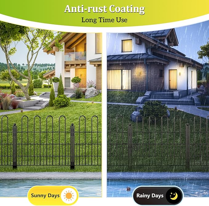Bepatio Decorative Garden Fence Animal Barrier with Gate, 24in (H) x 20ft (L) 10 Panels Decorative Dog Fence Outdoor for Yard, Heavy Duty Rustproof Metal Fence Border, Flower Bed, Easy Setup, Black
