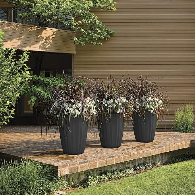 Crescent Garden Pleat Modern Decorative Planter, Indoor/Outdoor Pot, Resin Planter with Drain Hole - 15" W x 15" H (Bark)