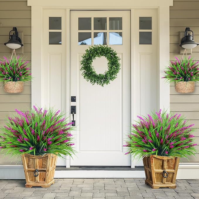 Sggvecsy 24 Bundles Artificial Plants Outdoor Faux Lavender Flowers Fake Monkey Grass UV Resistant Plastic Greenery Plants for Garden Home Porch Window Patio Hanging Planter Indoor Decor (Magenta)
