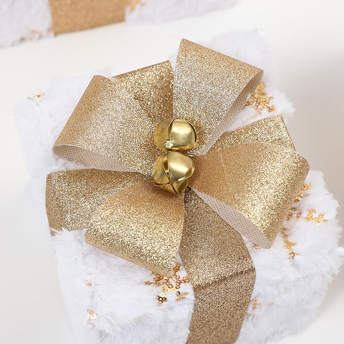 LuxenHome Set of 3 Lighted Gift Boxes, Battery Operated Plush Fabric with Gold Ribbon Bow Boxes for Xmas, Lawn, Porch, Under Tree Indoor, Outdoor Christmas Decorations