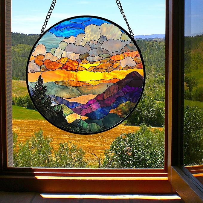 Stained Glass Window Hanging, Abstract Clouds Mountains Landscape Suncatcher for Doors Window Home Sun Catchers Decor Mother's Day Birthday Gifts for Women, Men Mom 11.8 in