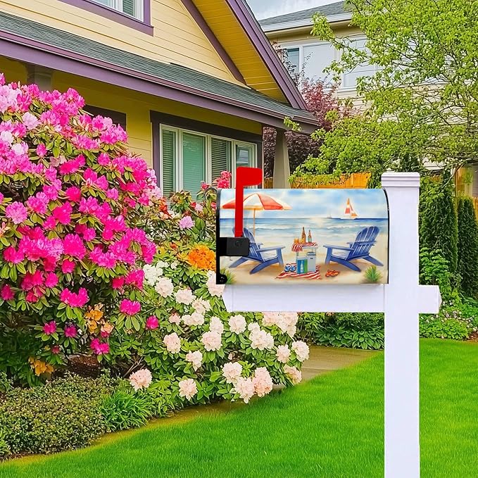 Summer Mailbox Covers Magnetic Beach Mailbox Cover Ocean View Mail Box Covers Sun Umbrella Post Letter Box Wraps Standard Size 21x18 inch Blue Chair Decorations for Outside Garden Yard