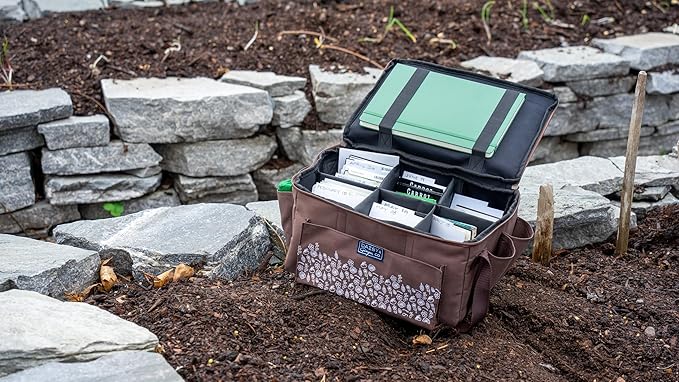 SEED PACKET ORGANIZER and GARDEN TOOL TOTE BAG with Water Resistant Bottom, Index Cards, Side Pockets, Notebook Straps and Shoulder Strap