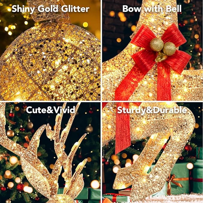NALONE Large 3 Pieces Lighted Reindeer Family Set, 3D Christmas Deer Decoration with 210 Warm White LED Lights, 4.7 FT Pre-lit Xmas Decor Outdoor Yard with Stakes, Bow Ties, Mat