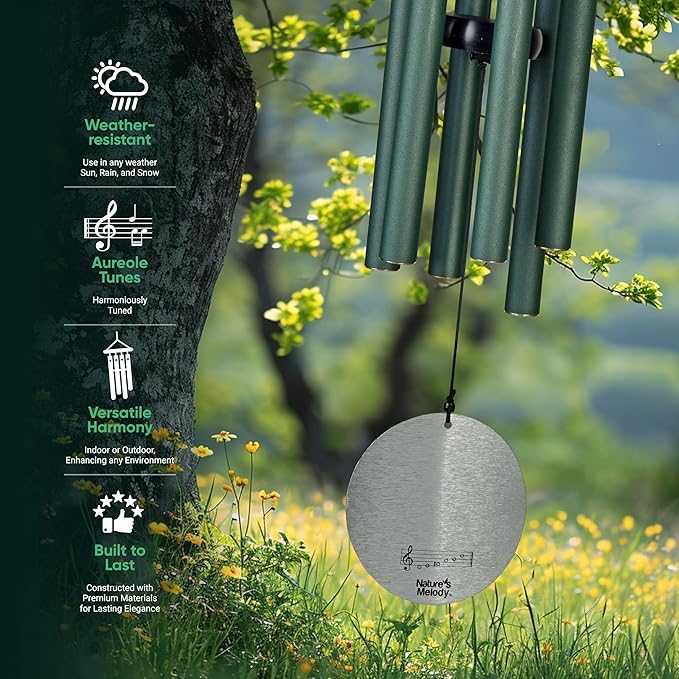 Nature’s Melody Aureole Tunes Wind Chimes – Outdoor Windchime with 6 Tubes Tuned to B Pentatonic Scale, 100% Rustproof Aluminum, Powder Finish & S Hook Hanger for Sympathy, Memorial Gift or Zen Garden