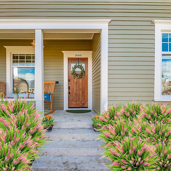 Sggvecsy 12 Bundles Artificial Plants Outdoor Faux Lavender Flowers Fake Monkey Grass UV Resistant Plastic Greenery Plants for Garden Home Porch Window Patio Hanging Planter Indoor Decor(Pink)