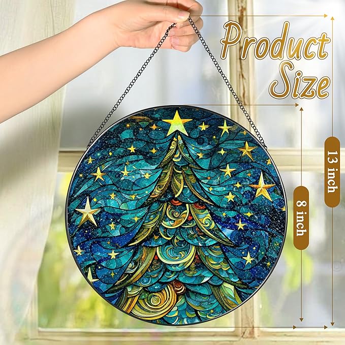 8-Inch Christmas Tree Suncatcher Ornament, Stained Glass Window Hanging & Stained Glass Holiday Ornament, Sun Catcher Window Decor — Keepsake Gift for Family, Coworkers & Friends, Gifts for Christmas