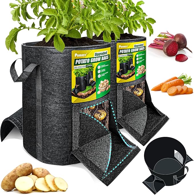 [Upgraded] 2 Pcs 20-Gallon Potato Grow Bags with Unique Harvest Window, Visible Window, Garden Planting Bag with Reinforced Handle, Nonwoven Fabric Pots for Tomato, Potato Growing Container - Black