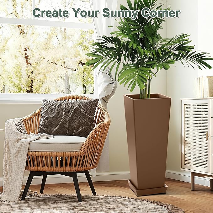 Set of 2 Large Planters for Outdoor Plants 24" Tall Tapered Modern Flower Pots with Drainage Tray for Garden, Patio, Porch (Brown)