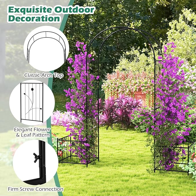 Giantex Garden Arch Trellis with Planters, 86'' Metal Arbor Pergola for Climbing Plants Rose, Heavy-Duty Outdoor Archway for Wedding Party Ceremony Pathway Garden Yard Lawn Decoration