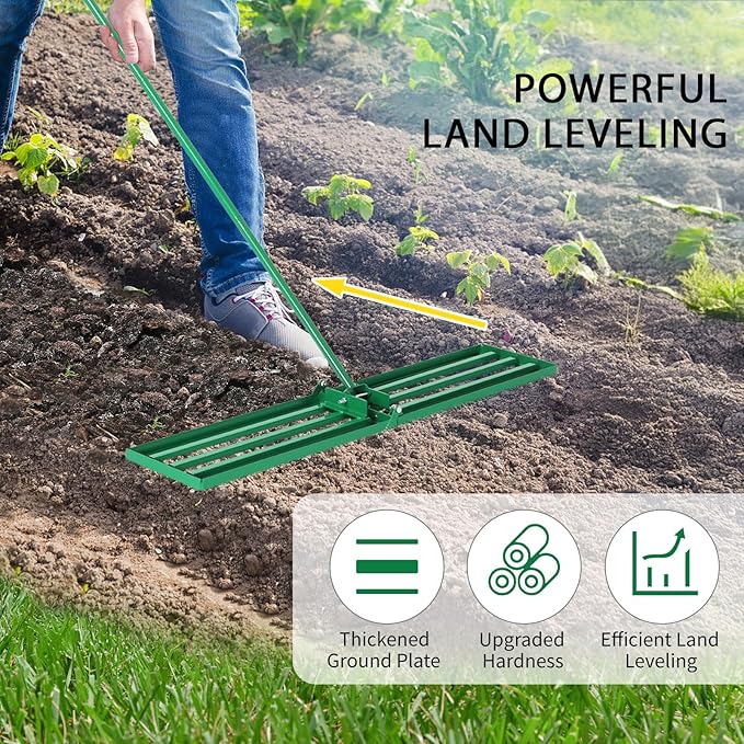 VINGLI Iron Lawn Leveling Rake 30in for Soil Sand Composs, Extended Handle, 180°Rotation Head, with All Handwares, for Yard Garden Golf Field, Green (30in)