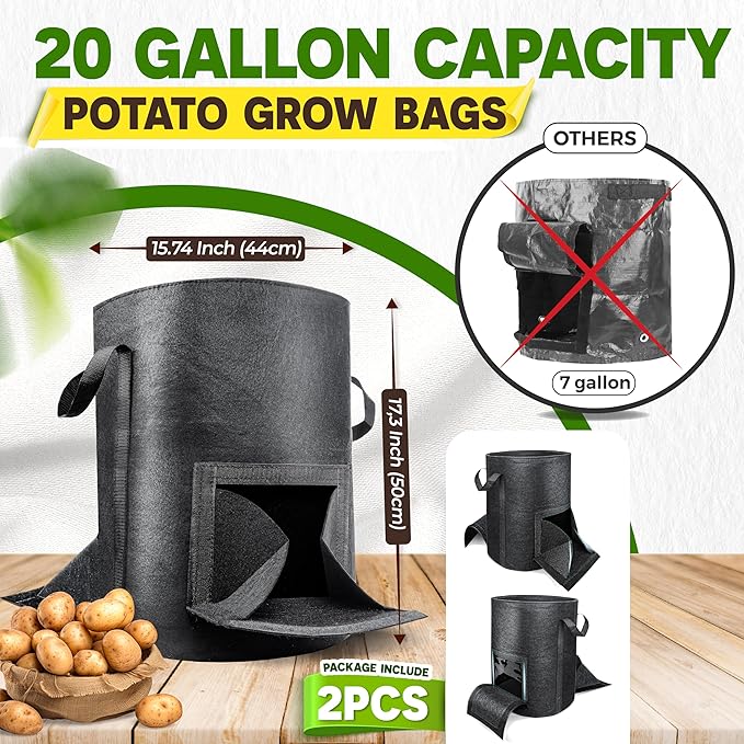 [Upgraded] 2 Pcs 20-Gallon Potato Grow Bags with Unique Harvest Window, Visible Window, Garden Planting Bag with Reinforced Handle, Nonwoven Fabric Pots for Tomato, Potato Growing Container - Black