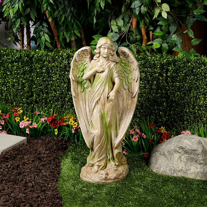 Alpine Corporation QFC105-201 Old World Angel Statue with Mossy Finish, Sentimental Garden Décor, 31" H, Tan/Moss Green
