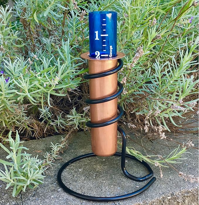 WCRG Copper Rain Gauge for Yard, Freestanding Steel Base - Outdoor Sprinkler Gauges, Shatterproof, Winter-Safe, Accurate, Decorative - The Original Floating Rain Gauge, USA Assembled & Designed