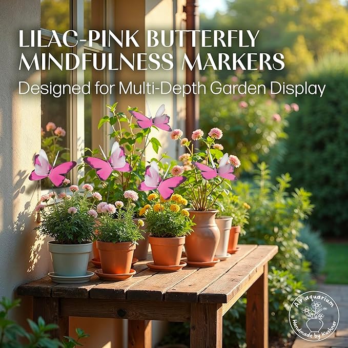 Handmade Lilac Pink Butterfly Garden Stakes Set of 7 - Decorative Outdoor & Indoor Plant Decor - Nature Lover Gift Idea by Air Aquarium Kushner