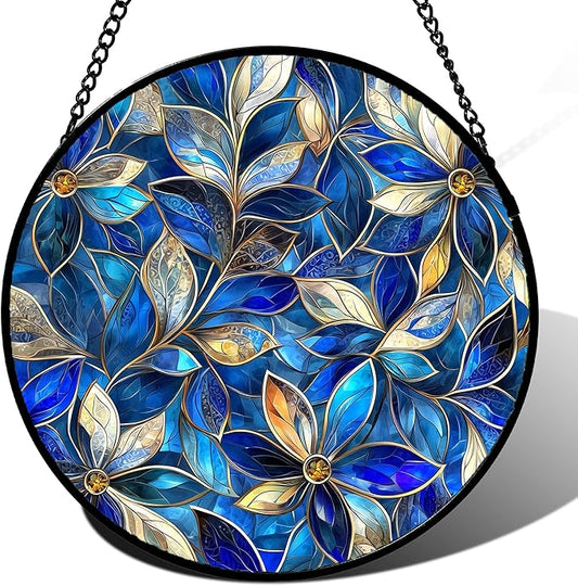 Stained Glass Window Hanging - Blue Gold Abstract Flowers Suncatcher for Door Terrace Garden Home Decor, Plant Sun Catcher Birthday Gifts for Lovers Women Men Dad Mom Nana 9.8 in