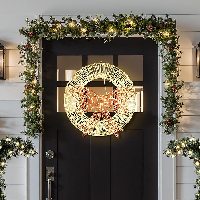 LuxenHome 1.5Ft Lighted Christmas Wreath, Christmas Outdoor Decorations, Large Wreath with LED Lights, Red Bow Wreath for Indoor, Lawn, Yard, Garden, Holiday Decor
