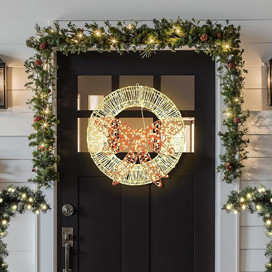 LuxenHome 1.5Ft Lighted Christmas Wreath, Christmas Outdoor Decorations, Large Wreath with LED Lights, Red Bow Wreath for Indoor, Lawn, Yard, Garden, Holiday Decor