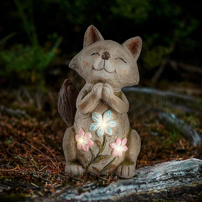 Fox Statue for Garden Decor, Garden Statue with Solar Power Light for Outdoor Patio Porch Lawn Yard Backyard Oudside Indoor Shelf Decoration,Praying Fox Sculptures & Statues Woman