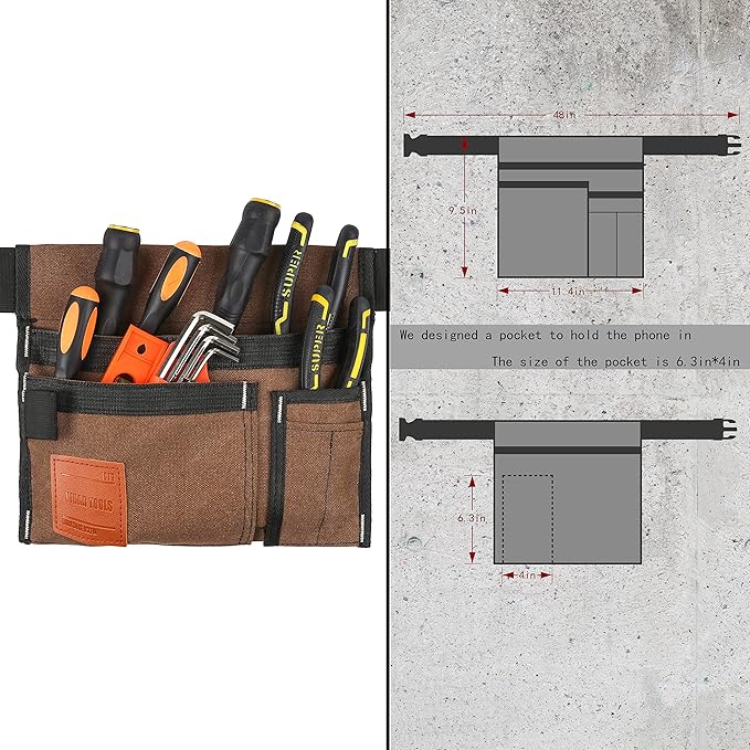 6-Pocket Single Side Tool Belt Pouch/Utility Belt/Work Apron for Carpenter and Gardener.Durable Canvas Construction.Comfortable Adjustable Belt.Light Weight.TAN