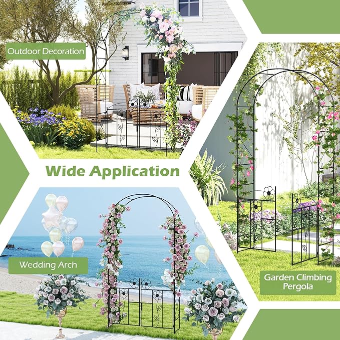 Moccha Garden Arbor, 90" Metal Arbor Trellis for Climbing Plants, Rose, Ivy, Outdoor Archway Pergola with Lockable Gate, 4 Ground Stakes, Garden Arch for Lawn Patio Bridal Party Pathway Ceremony