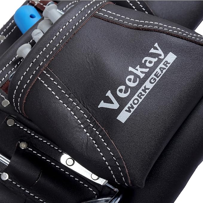 VEEKAY Leather Tool Belt Brown 2-Inch wide belt with 12 Pockets Oil Tanned, Tool Pouch/Bag for 32 to 46 Inch Waist – Ideal for Construction, Carpenters, and Framers