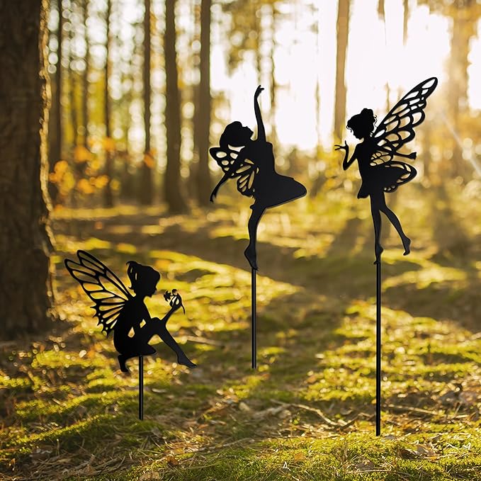 Garden Fairy Metal Stake 3-Piece Gift Set - Outdoor Decorative Accents for Yard, Flower Bed, Lawn, and Patio Gardens